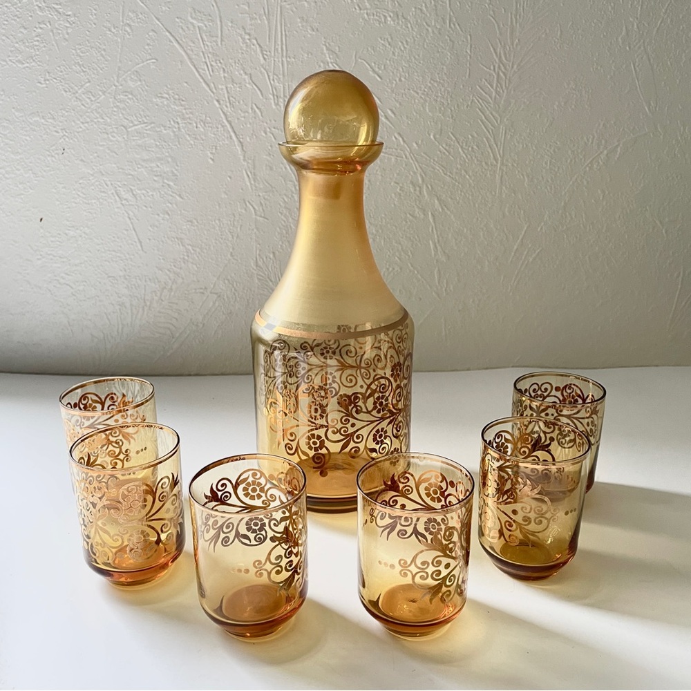 Vintage Amber Glass Decanter Tumblers Mid-Century Barware Gold Scroll Filigree 6
